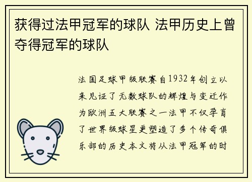 获得过法甲冠军的球队 法甲历史上曾夺得冠军的球队