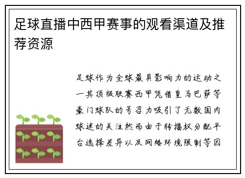 足球直播中西甲赛事的观看渠道及推荐资源